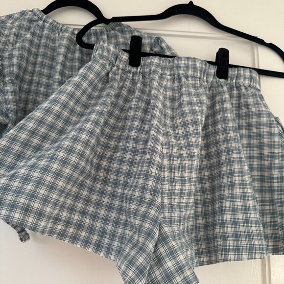 Jonathan Simkhai Co-Ords Two-Piece Set Plaid Puff Sleeves Crop Top & Shorts - Picture 13 of 13